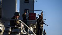 Ukrainian seamen stand guard on the navy ship Slavutich at harbor of Sevastopol on March 3, 2014. Photo: Andrew Lubimov/AP Photo 